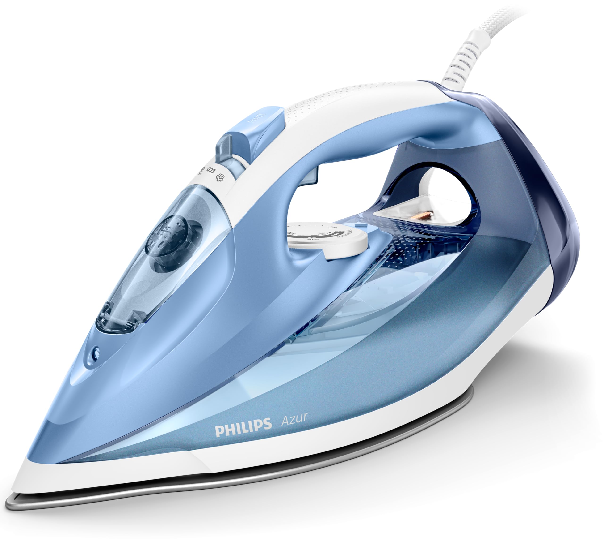 Azur Steam Iron: 2400W - 45g/min - 180 SOS - SteamGlide - 2m cord, 300ml - Quick Calc Release - White/Blue GC4532/26."Min 1 year manufacturer warranty"