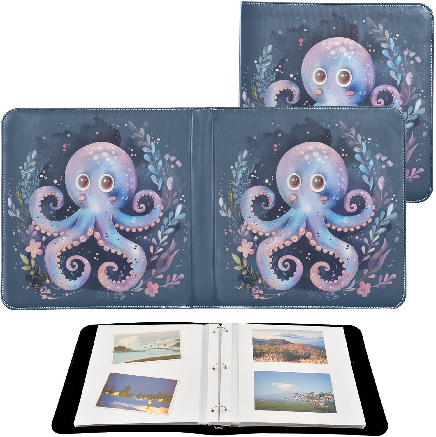 JIPONI Cute Octopus Cartoon Large Photo Album, DIY Leather Cover Scrapbook Albums for 4x6 5x7 6x8 Pictures, Self Adhesive Memory Book for Wedding, Baby, Family