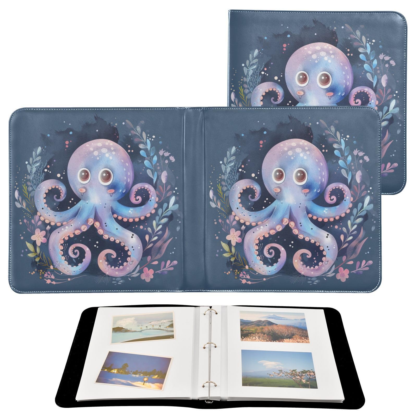 JIPONI Cute Octopus Cartoon Large Photo Album, DIY Leather Cover Scrapbook Albums for 4x6 5x7 6x8 Pictures, Self Adhesive Memory Book for Wedding, Baby, Family