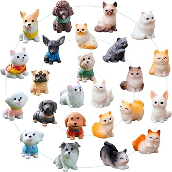 24 Pcs Mini Cat Dog Figurines, Realistic Resin Animal, Miniature Figurines | Hand-Painted Resin Cat & Dog. Ideal For Home Desk Decor, Garden Accents, Birthday Party Favors, Car Decor.