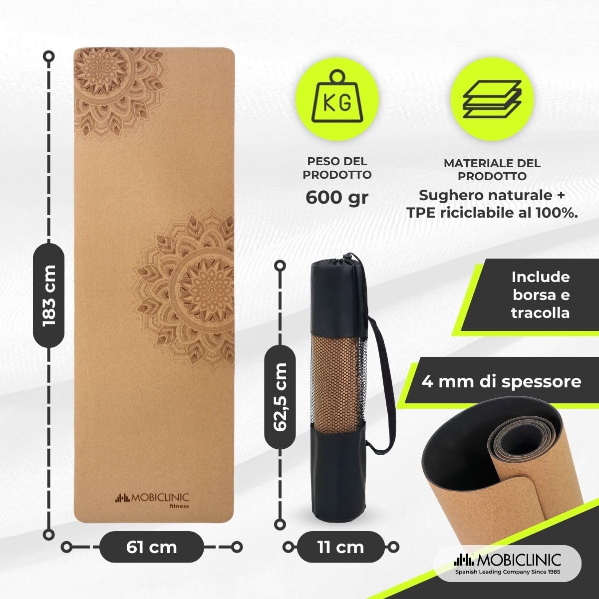 Mobiclinic®, Tappetino yoga in sughero naturale, Antiscivolo, Borsa per il trasporto, Antimicrobico, Spessore 4 mm, 100% tpe riciclabile, 183x61cm, Disegno mandala, Ey-02, Pilates, Fitness