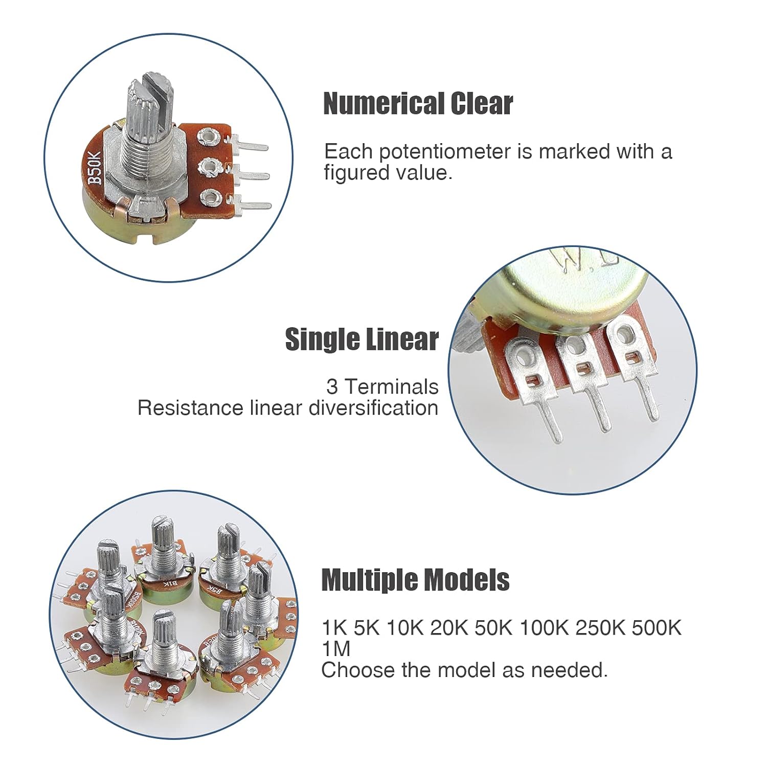 OCR 1K-1M ohm Potentiometer Kit, 45 Sets Single Linear Potentiometer with Knobs, Nuts and Washers,9 Values 1K 5K 10K 20K 50K 100K 250K 500K 1M 3 Terminal Rotary Potentiometer: Industrial & Scientific