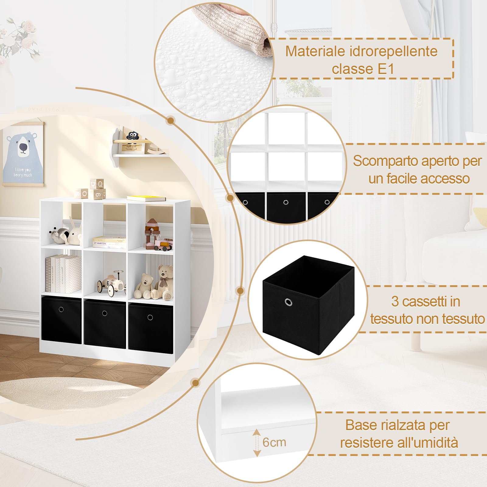 WOLTU Libreria Bianca, Libreria a 9 Cubi Portaoggetti, Scaffale in Legno con 3 Cassetti in Tessuto Non Tessuto, per Soggiorno, Camera da Letto, Ufficio, 80x30x86,5 cm, SK041ws