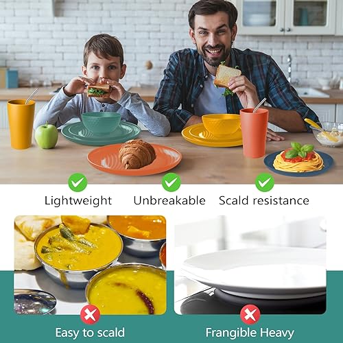 Miniatura 4 de Teivio Juego de vajilla de paja de trigo de plástico de 88 piezas para 8, platos para cena/postre/tibits, cuencos para cereales y frutas, vasos,