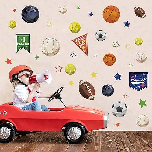 Miniatura 8 de Supzone Calcomanías de pared de bolas deportivas para niños bandera de carrera calcomanías de pared coloridas de baloncesto fútbol béisbol estrellas