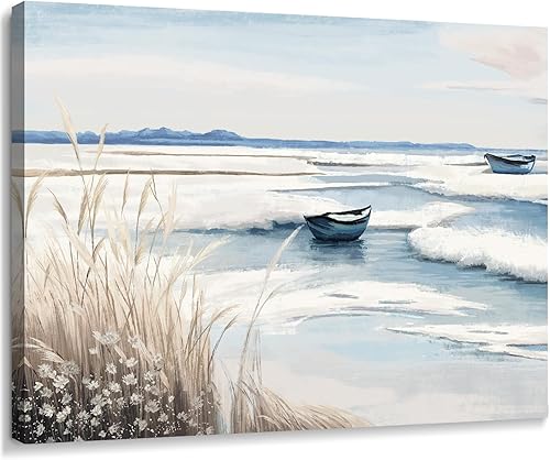 Vista 25 de Arte de pared para baño, decoración costera, barco náutico en la playa, lienzo con imagen de gaviota del océano, paisaje marino, arte de granja