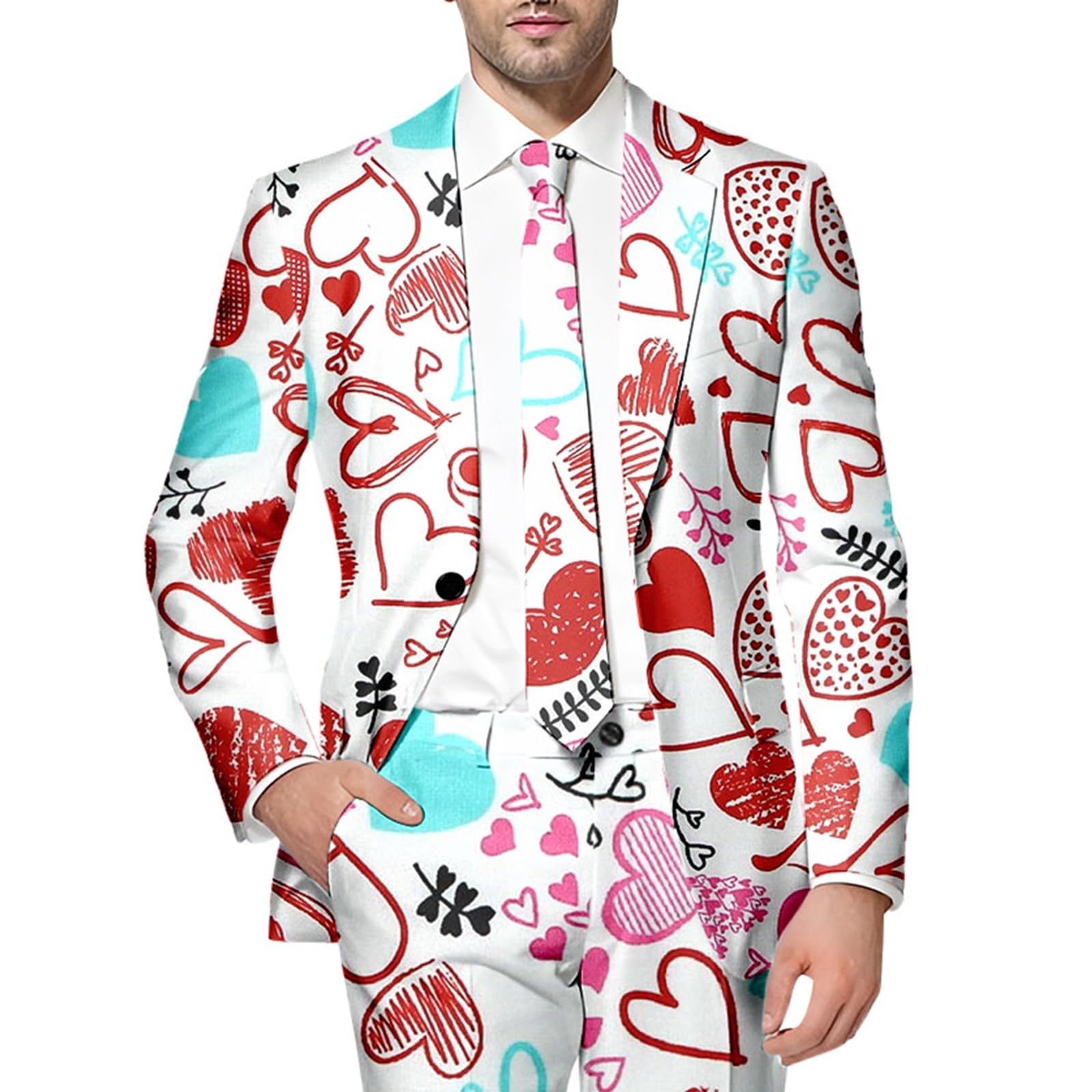 Costume pour homme avec imprimé cœur, veste de costume pour homme, coupe droite, veste hippie, blazer pour mariage, fête, carnaval, bal de fin d'année, veste de smoking festive