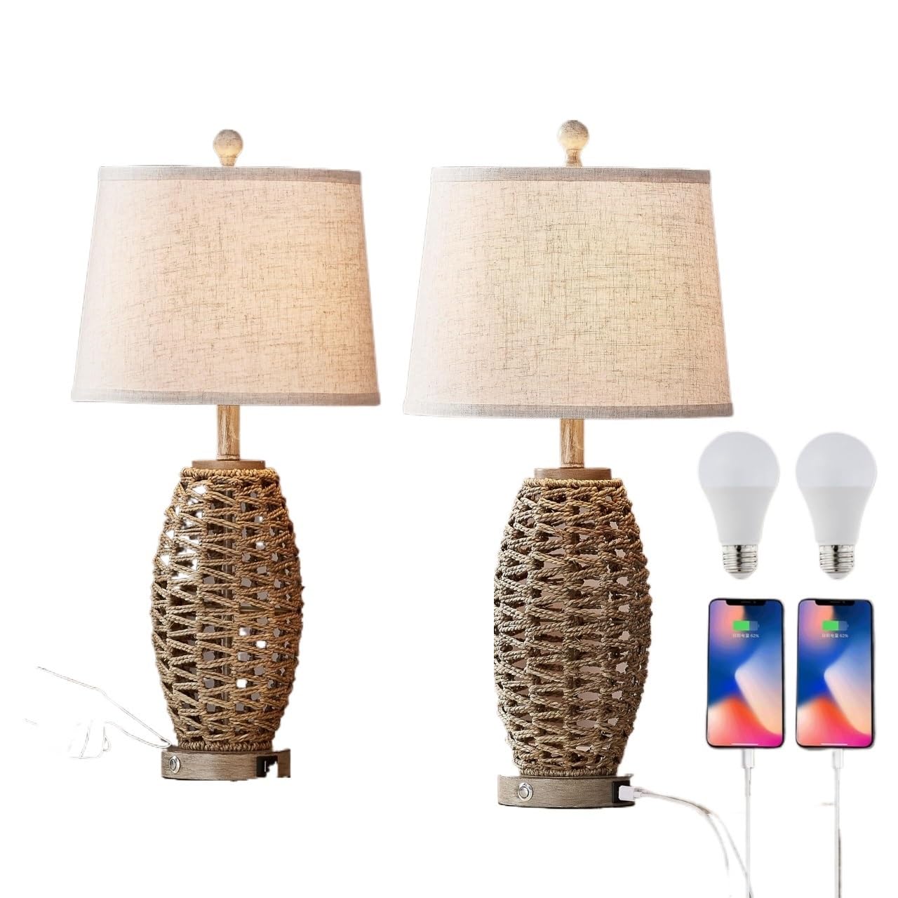 XANAYXWJ Zestaw 2 lamp stołowych z naturalnego rattanu, możliwość przyciemniania w 3 kierunkach, port ładowania, klosz w kolorze płatków owsianych, sypialnia, 2 sztuki w zestawie. Nadaje się do