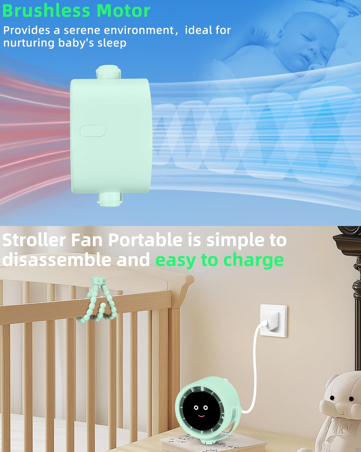 Akejrym Ventilatore per passeggino portatile, ventilatore personale da viaggio, Air Turbo Tech e display digitale, rimovibile a 5 velocità, ricaricabile, rotazione a 360°, treppiede flessibile, per