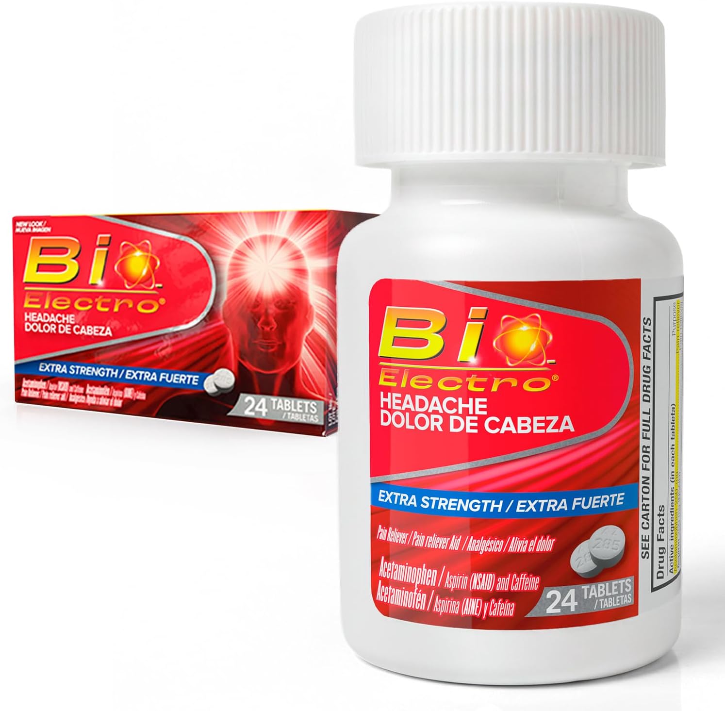 BioElectro Headache Relief Tablets, 24 Count, 1 Pack | Pain Reliever with Aspirin, Acetaminophen & Caffeine. Toothache, Cold-Related Aches & Muscular Aches Relief