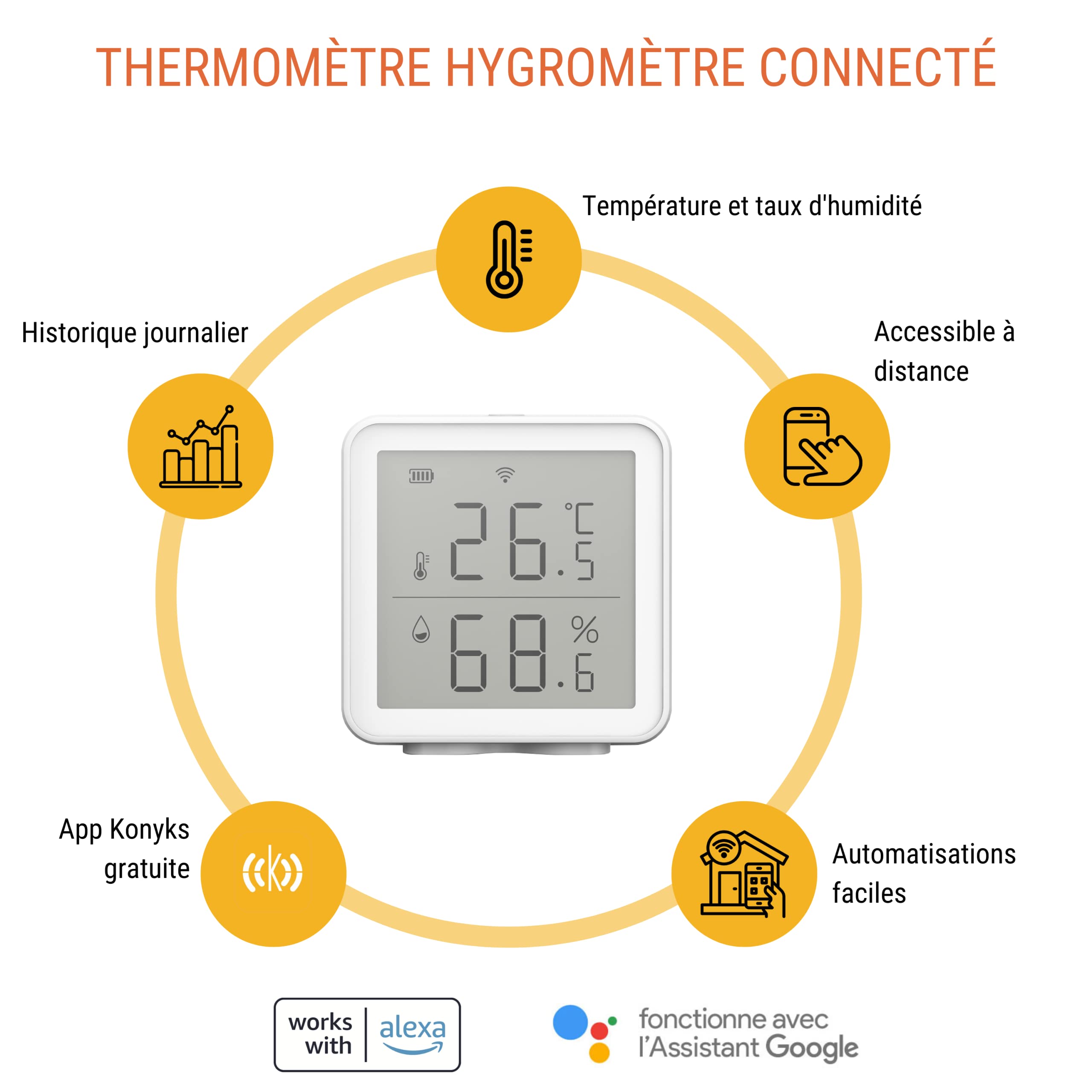 Konyks Termo, Thermomètre Hygromètre connecté Wi-Fi, Lecture à distance, déclenche d'autres appareils Konyks en fonction des mesures, Compatible Alexa et Google Home
