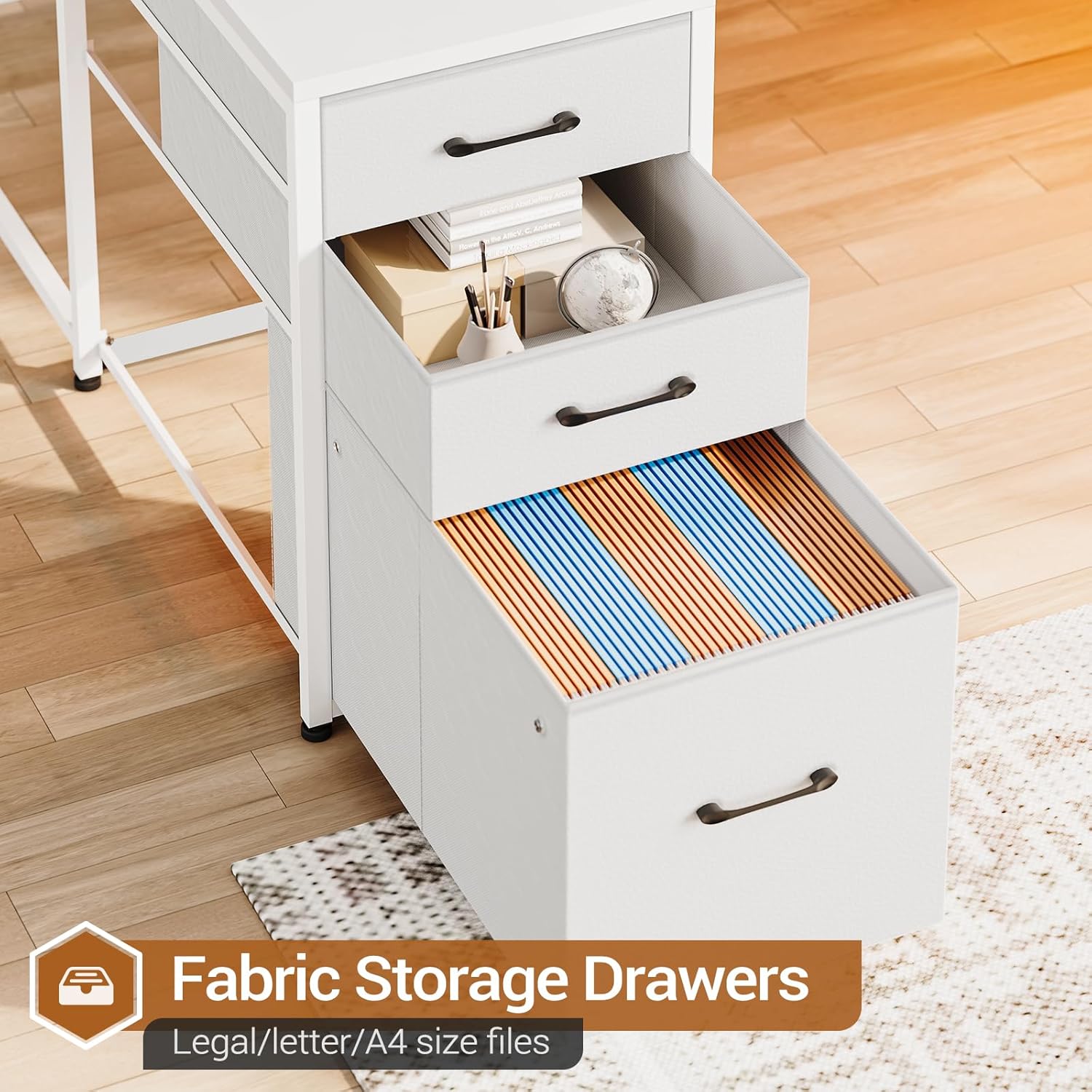 Close-up of the fabric storage drawers, one open showing hanging files and another with office supplies.