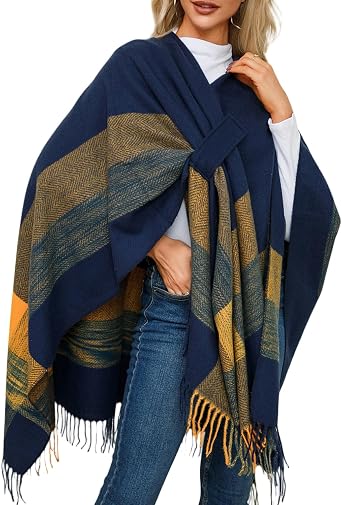 Xixiuly Womens Color Block V Neck Batwing Sleeve Faux Fur Tassel Shawl Wrap Cross Cloak Cape Open Front Cardigan Warm Coats
