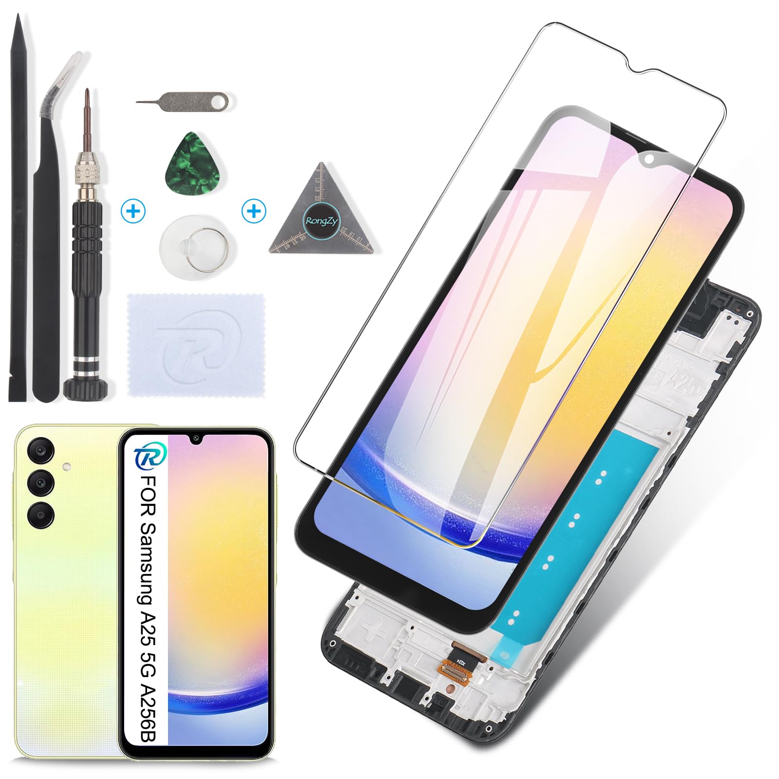 RongZy Incell Pantalla para Samsung Galaxy A25 5G Táctil LCD de Repuesto Ensamblaje Digitalizador Reemplazo para Samsung Galaxy A25 5G A256B con Herramientas de Reparación(Negro con Marco)