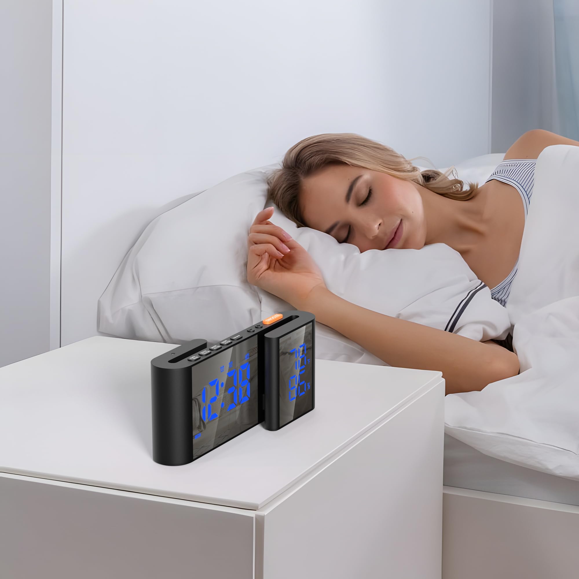 Digitaler Radiowecker 6'' Spiegel LED Uhr mit Luftfeuchtigkeit und Temperatur Duale Alarmeinstellung 15 Stufen einstellbare Lautstärke Schwarz-Blau