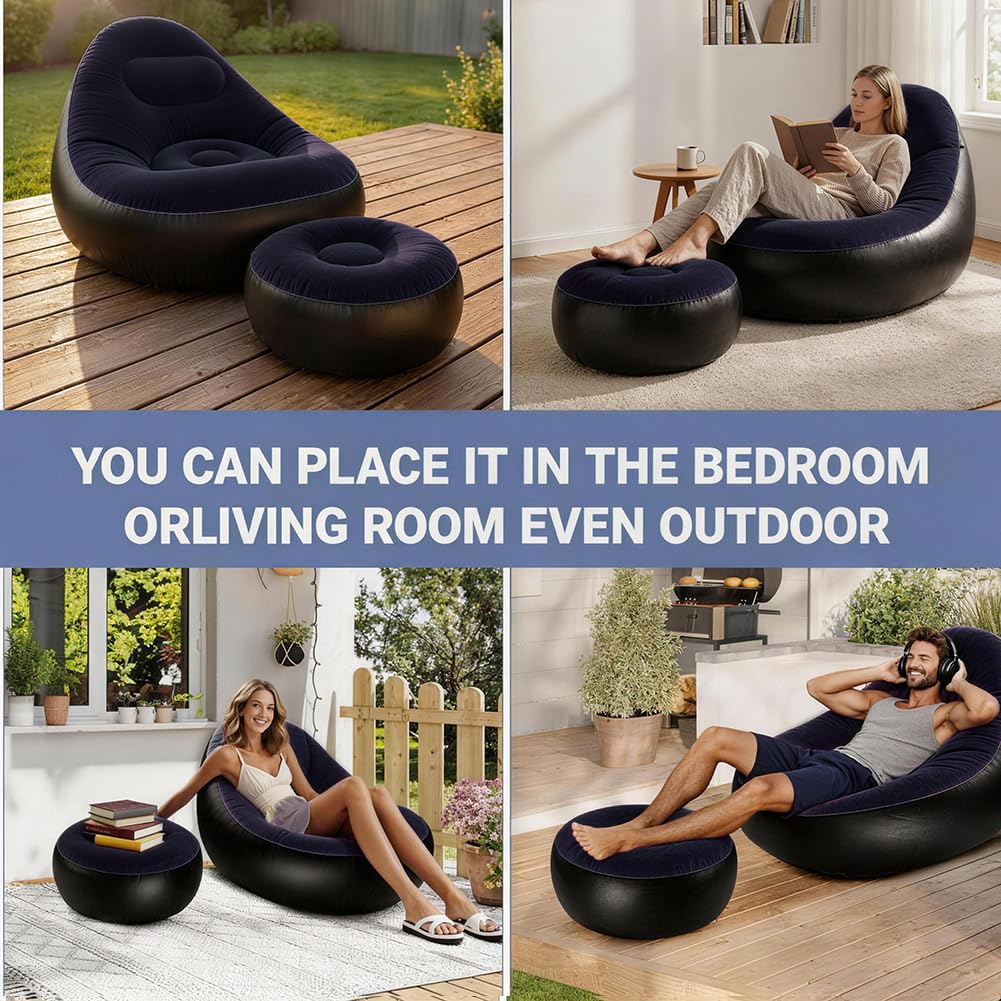 Divano gonfiabile con poggiapiedi, pouf gonfiabile, sedia gonfiabile, divano gonfiabile, poltrona gonfiabile per soggiorno, camera da letto, giardino (blu scuro)