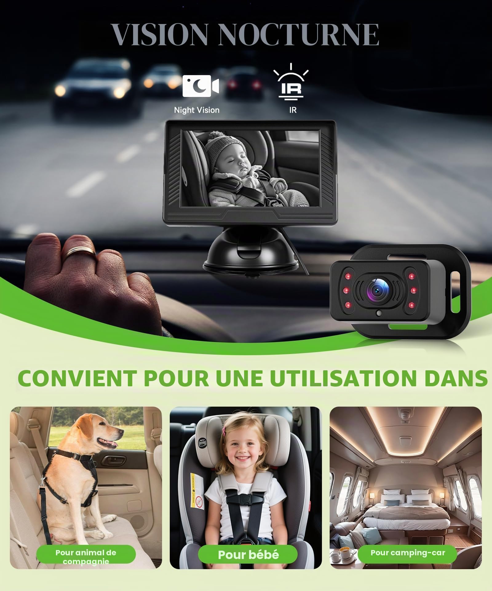 VECHTEL Caméra de Surveillance pour bébé HD,écran 4,3 Pouces avec caméra de siège arrière, Prise Allume-Cigare, rétroviseur de sécurité Rotatif à 360° pour sièges bébé orientés vers l'arrière