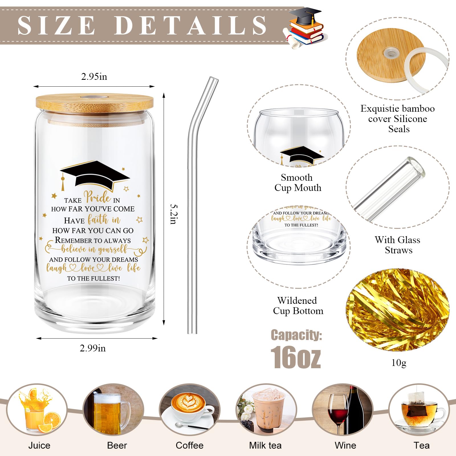 Domensi 6 Pcs Class of 2025 Graduation Gift for Her 16oz Glass Cup Makeup Bag Compass Journal Ballpoint Pens Inspirational Graduation Gift Set for College High School Daughter Sister Friend(Black)