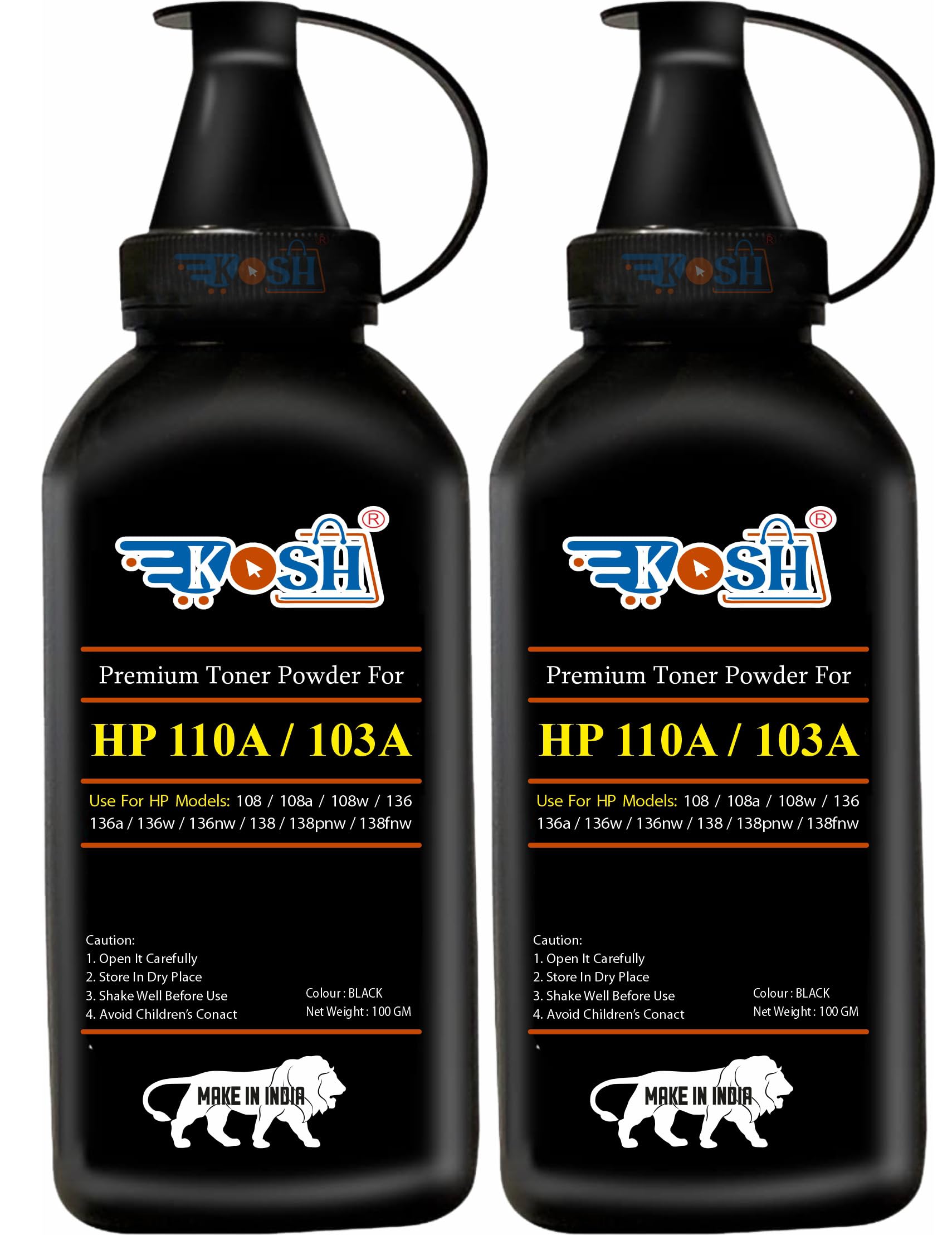 KOSH W1112A / 110A/103A Ultra Dark Toner Powder for HP 110A Toner Cartridge Compatible with HP Laser 108 108a 108w 136 136a 136w 136nw 138 138pnw 138fnw Printer Pack of 2 (100GM)