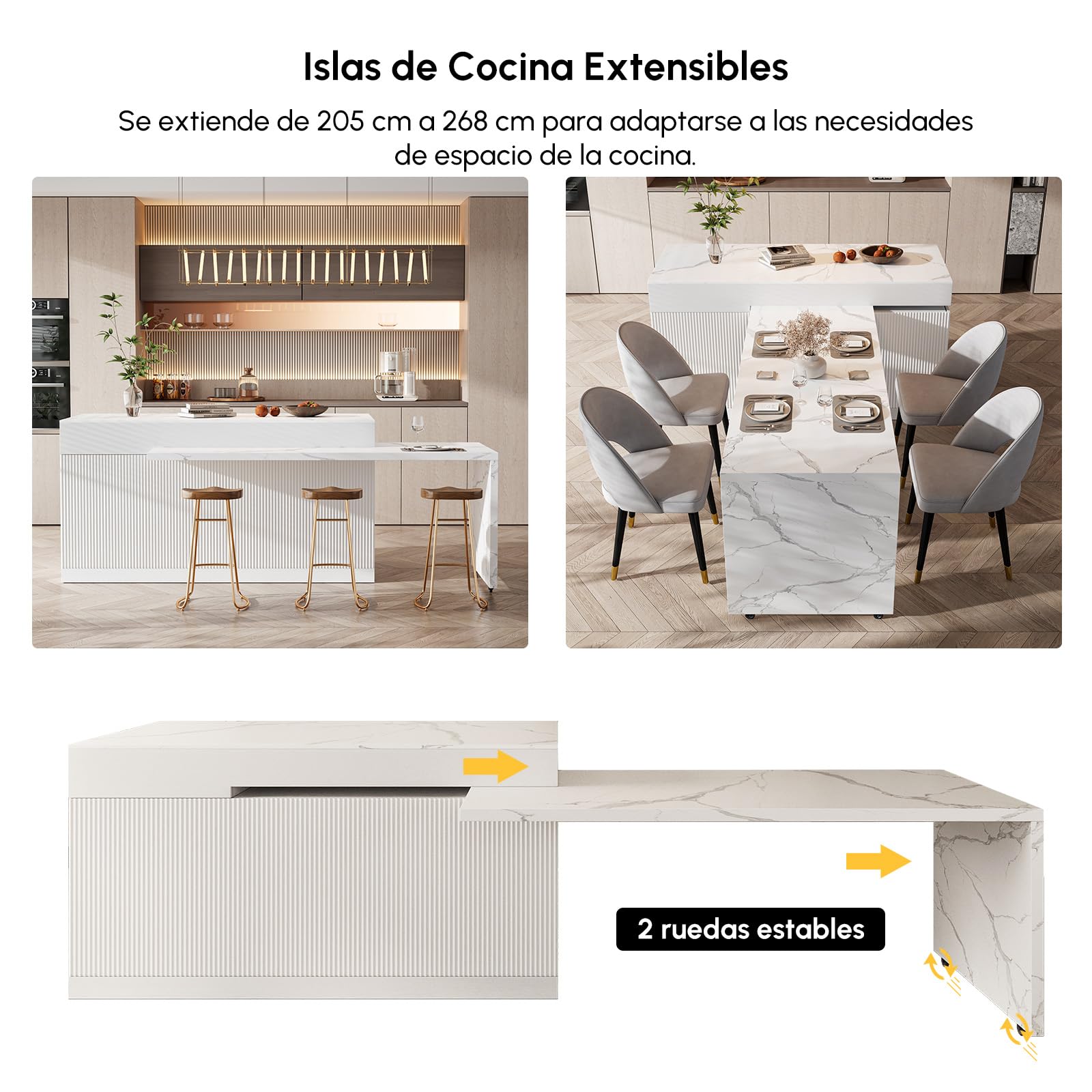 Homary Isla de Cocina Extensible con Almacenamiento múltiple para Cocina y Comedor, hacia la Derecha 205-268cm x 90cm