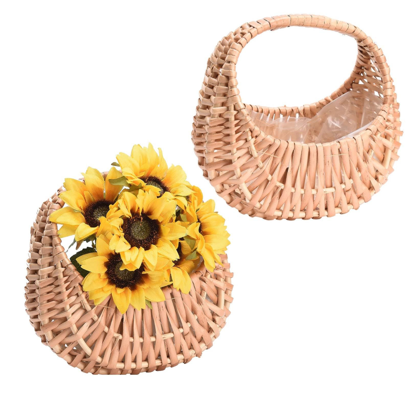 2 PCS Small Rattan Woven Basket Half Moon Straw Basket Wedding Flower Basket with Handle Wicker Flower Girl Basket Woven Storage Basket for Wedding Birthday Party Decor(Brown)