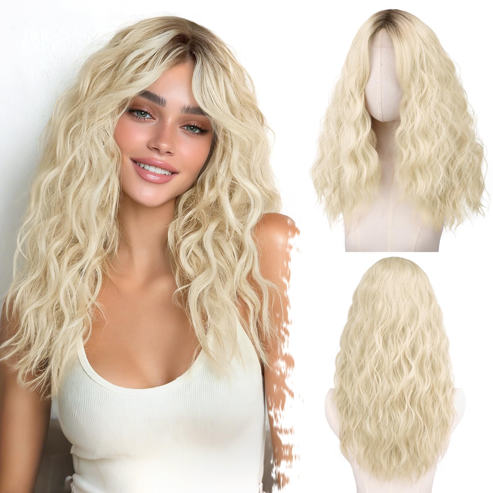 BARSDAR 20 Inch Synthetic Curtain Bangs Fluffy Curly Wavy Blonde Ombre Wig
