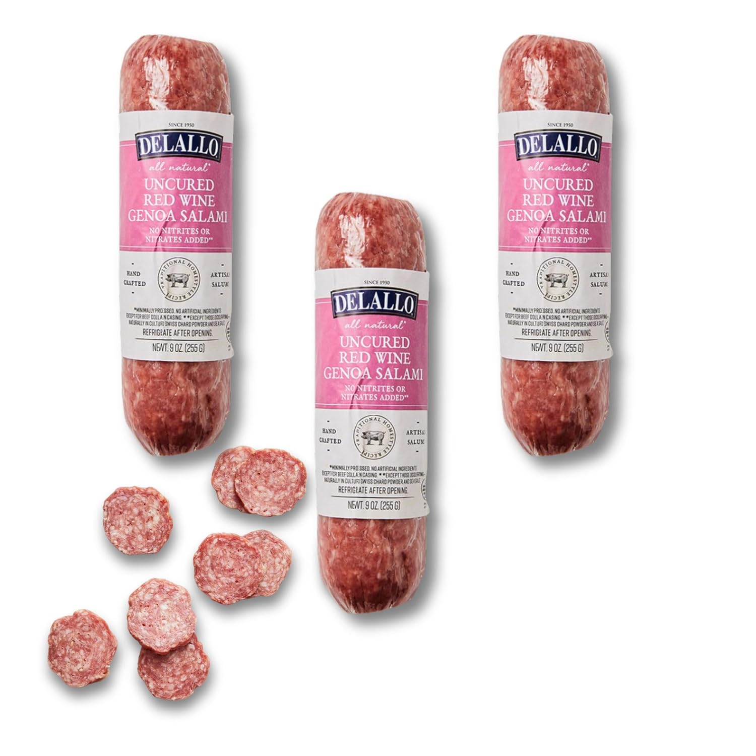 DeLallo Red Wine Genoa Salami 9oz Sticks (3 Pack) - All-Natural Italian Dry Sausage, No Nitrites, Zesty Flavor for Charcuterie & Snacks