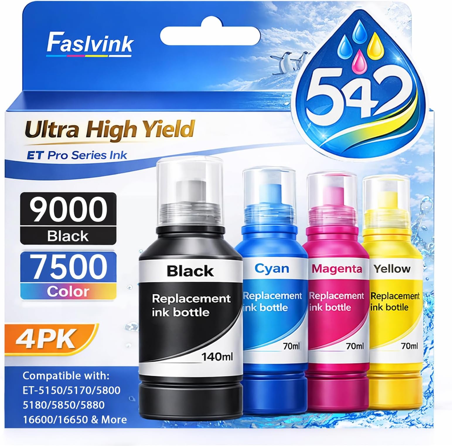 Compatible for 542 Ink Refill Bottles 4 Pack Replacement for Epson 542 Ink Refill Bottles Use with EcoTank Pro ET-5150 ET-5170 ET-5800 Ink Refill ET-5180 ET-5850 ET-5880 ET-16600 Printer