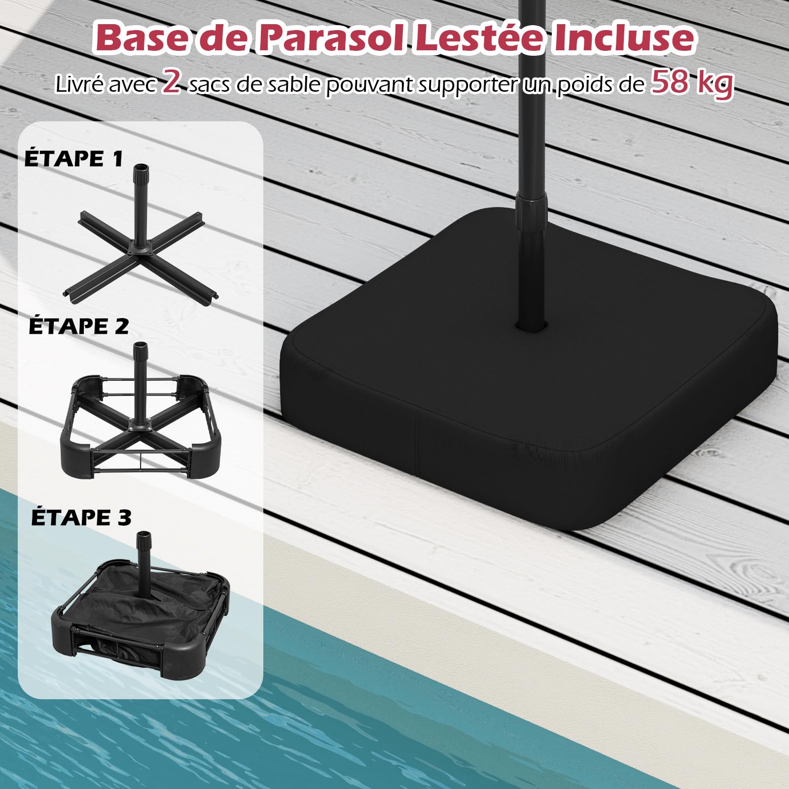 COSTWAY Parasol de Jardin Exterieur avec Pied, Parasol Double Face 4 M Rectangulaire pour 6-8 Personnes avec 2 Sacs de Sable, Manivelle, Ventilation, pour Terrasse, Patio, Piscine, Balcon, Bordeaux