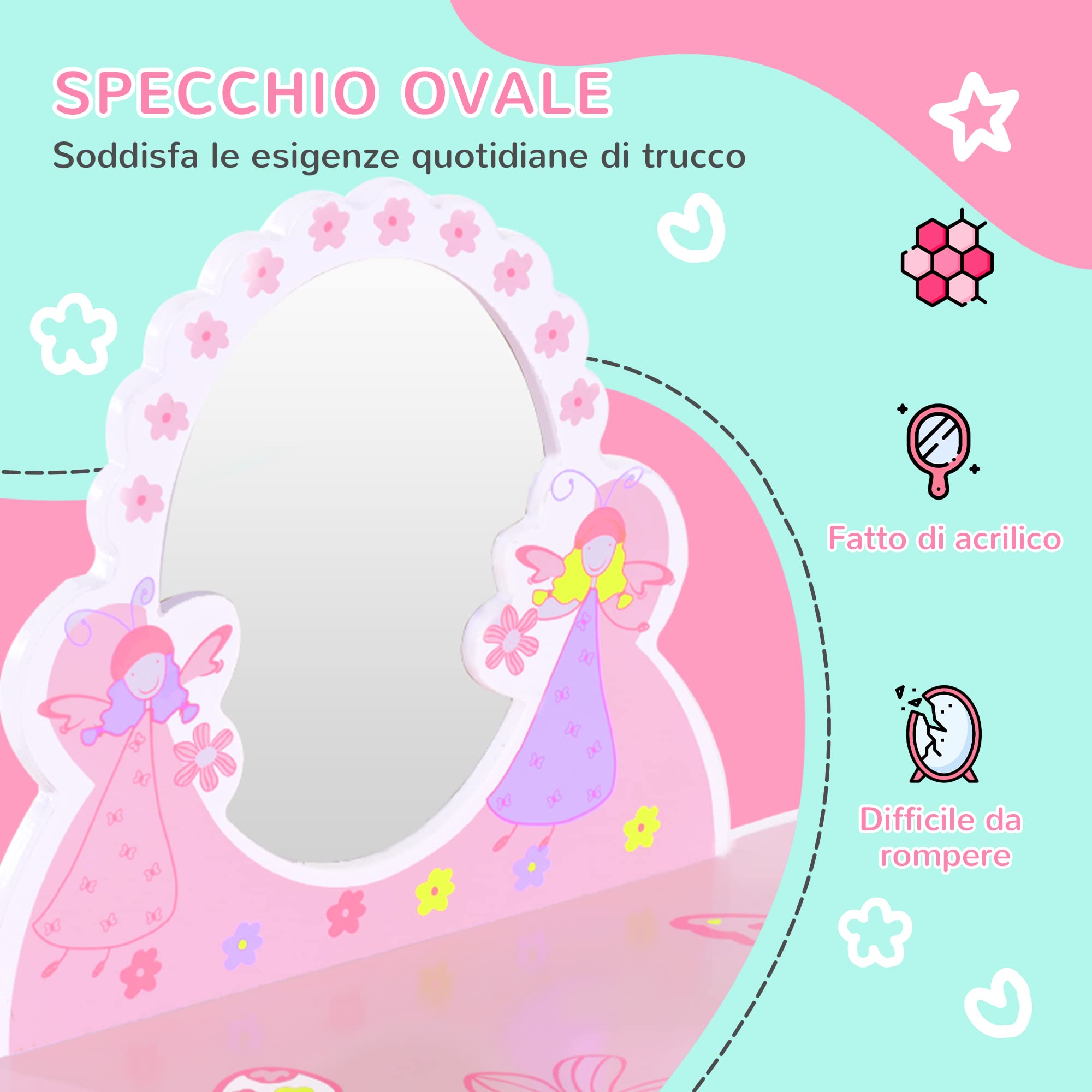 HOMCOM Toeletta per Bambini con Sgabello in Legno, Tavolo Trucco con Specchio Moderno e Cassetto, 59L x 39P x 77A cm, Rosa