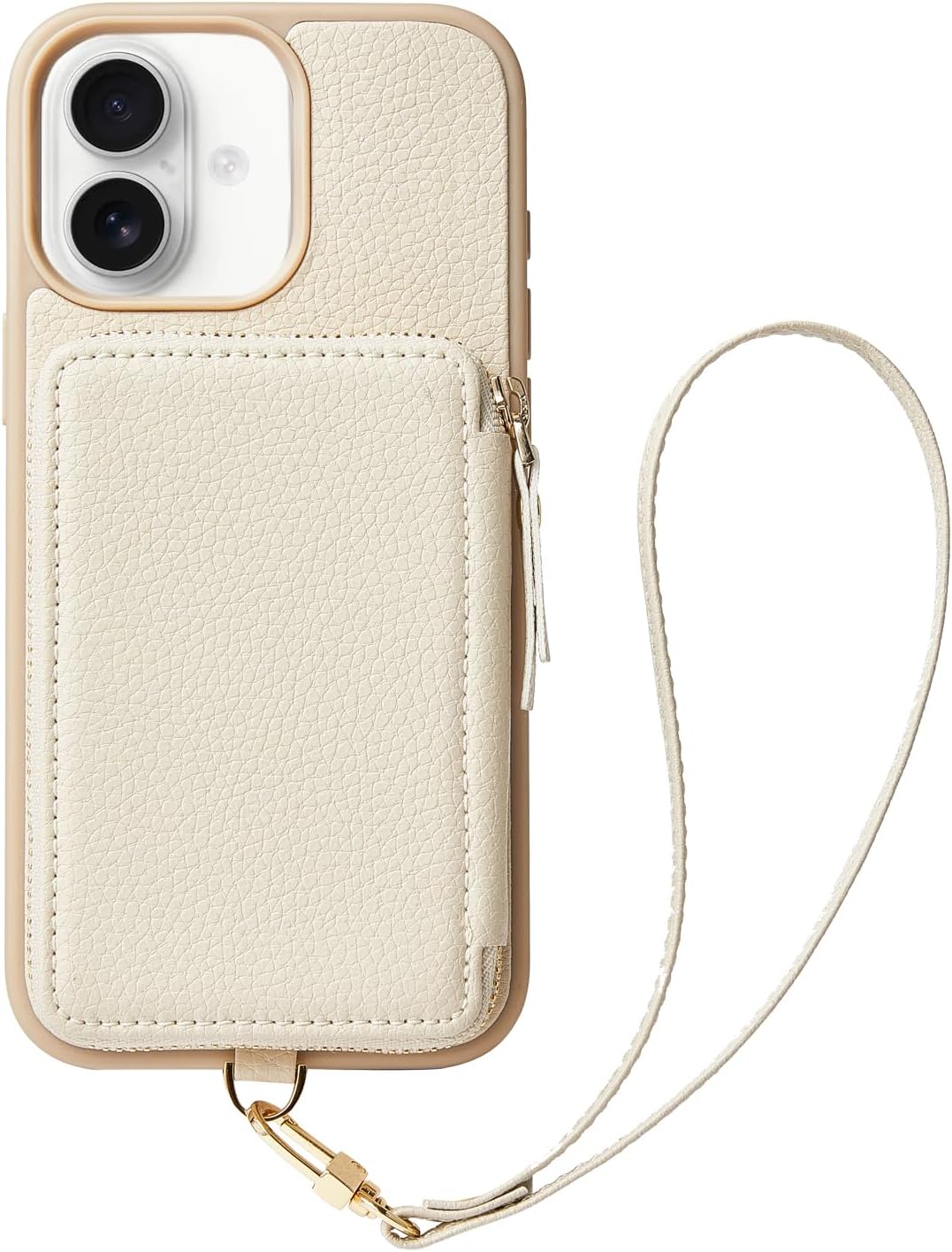 ZVE Compatible with iPhone 16 Case Wallet, Zipper Leather Card Holder with RFID Blocking and Detachable Wrist Strap for Women for iPhone 16, 6.1"-Beige