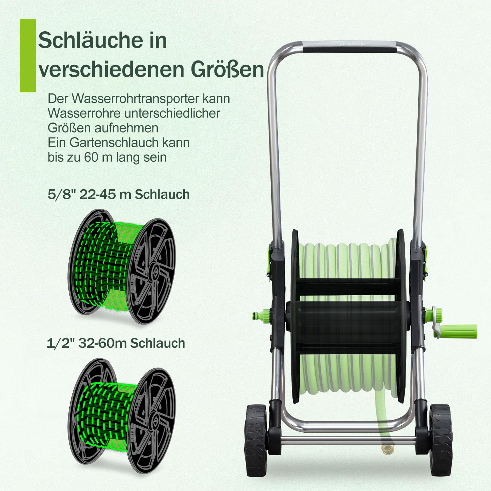 Schlauchwagen aus Metall – fahrbare Schlauchtrommel für 60 m (1/2 Zoll) Schlauch,mit Rädern, Verstellbarem Handlauf & Robustem Metallrahmen,Garten, Platzsparend & Einfach Abnehmbar
