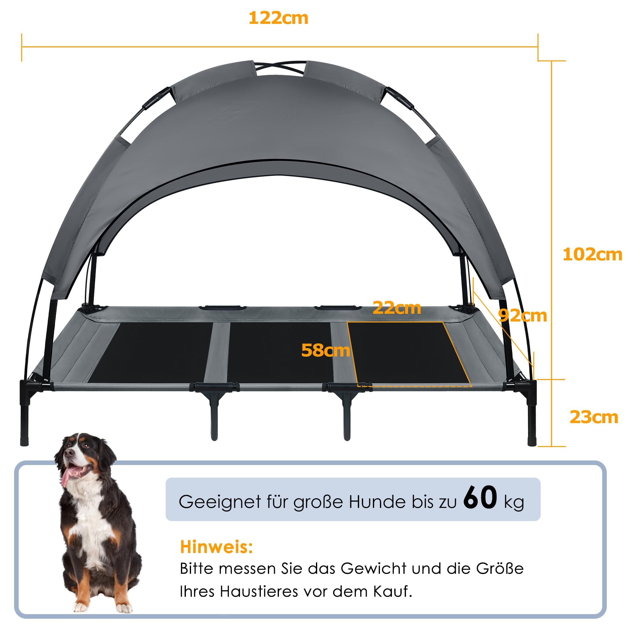 UISEBER Hundebett Erhöhtes Haustierbett 122 x 92 x 102 cm Hundeliege Outdoor mit Überdach für große Hunde bis 60 kg Wasserdicht Hundebetten für Innen und Außen Grau +Schwarz【XL】
