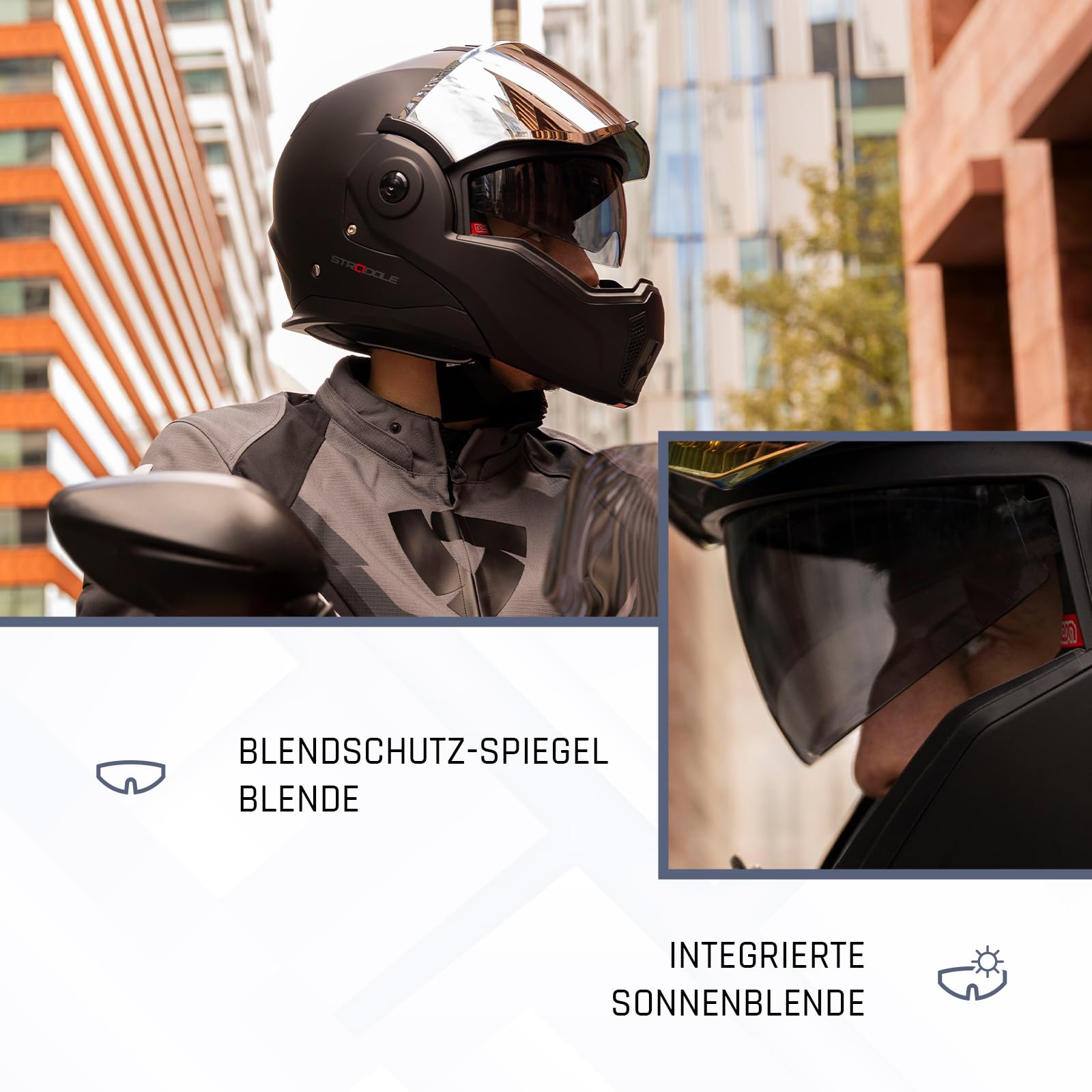 BEON Stradale Motorradhelm Klapphelm – Systemhelm mit Visier & Sonnenblende, 180° Flip-Up Integralhelm für Damen & Herren, Roller- & Motorradhelm