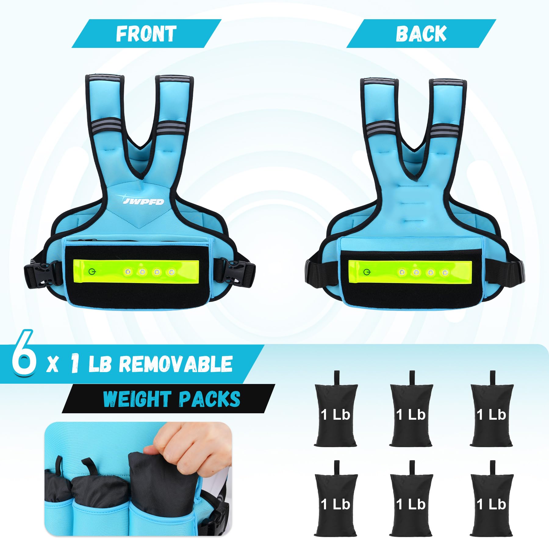 Chaleco con peso ajustable para mujeres y hombres, chaleco de 6-15 libras/12-18 libras con tiras de luz LED, chaleco de peso con 6 pesas de hierro y bolsillo con cremallera para entrenamiento de