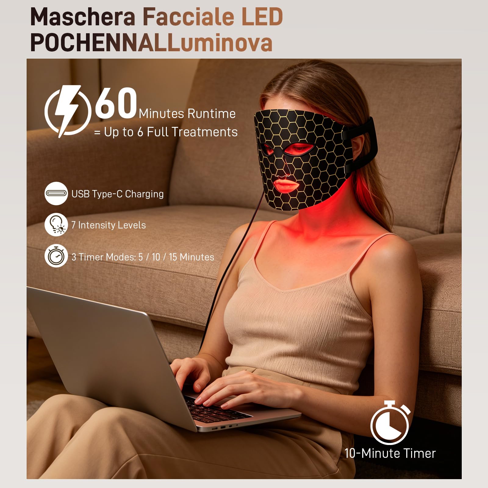 LED Gesichtsmaske 7 Farben Lichttherapie Rotlicht Maske Anti-Aging | Für Gesicht & Hautpflege, Photon Lichttherapie, flexibles Silikon Design mit Type-C Akku und 7 Lichtfarben