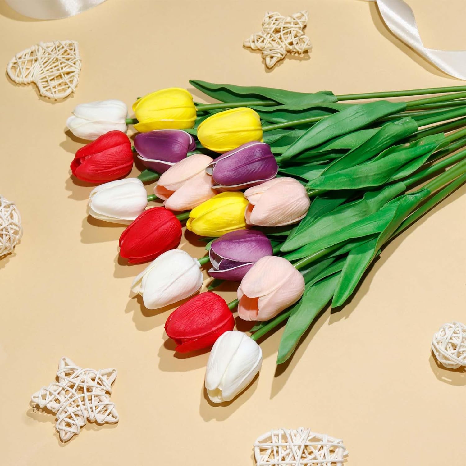 16 Pcs Fake Tulips Artificial Flowers, 13" Real Touch PU Faux Tulips Bouquet for Wedding Spring Easter Mother's Day Home Kitchen Table Decor (Mixed Colors) - Image 4