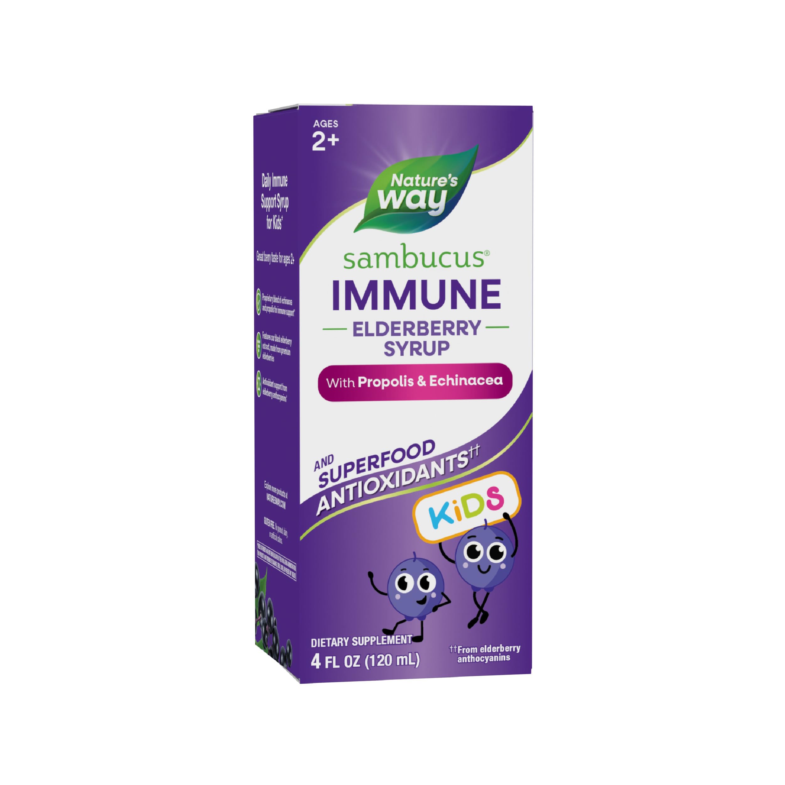 Nature's Way Sambucus Elderberry Immune Syrup for Kids Ages 2+, with Echinacea & Propolis, with Superfood Antioxidants(1), Immune Support Syrup*, Vegetarian, Berry Flavored, 4 Fl Oz