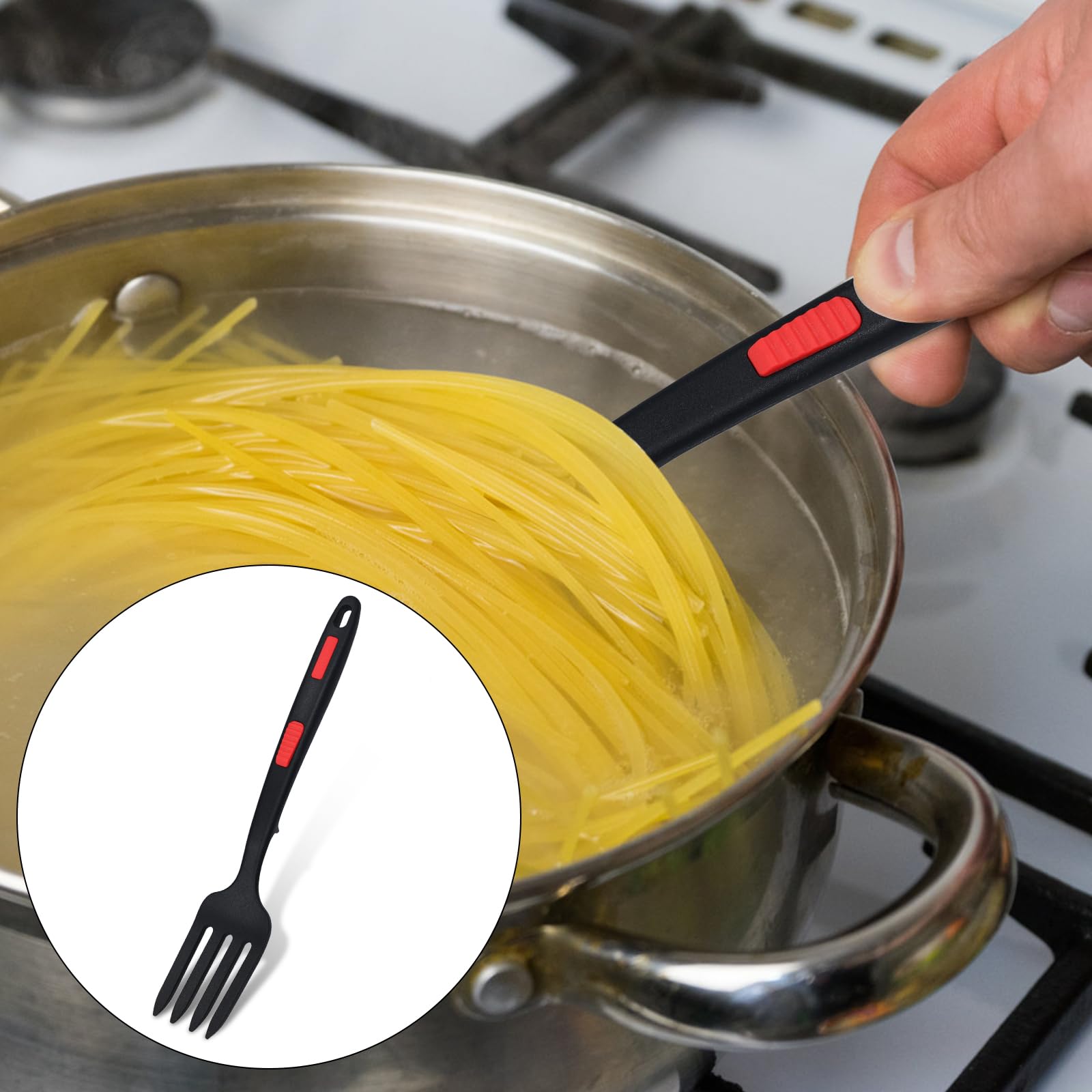 2 Piezas Tenedor de Silicona para Cocinar, Multifuncionales Tenedor para Espaguetis Resistente al Calor Tenedor para Mezclar para Cocina Revolver Mezclar Utensilios para Servir (Rojo, Negro)