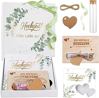 Hochzeit Geldgeschenk, Personalisiert Hochzeitsgeschenk für Brautpaar, Inklusive Geschenkbox Hochzeit, Holz Hochzeitskarte Geldgeschenk, Bänder, Geldgeschenk Geschenkverpackung (Eukalyptus)
