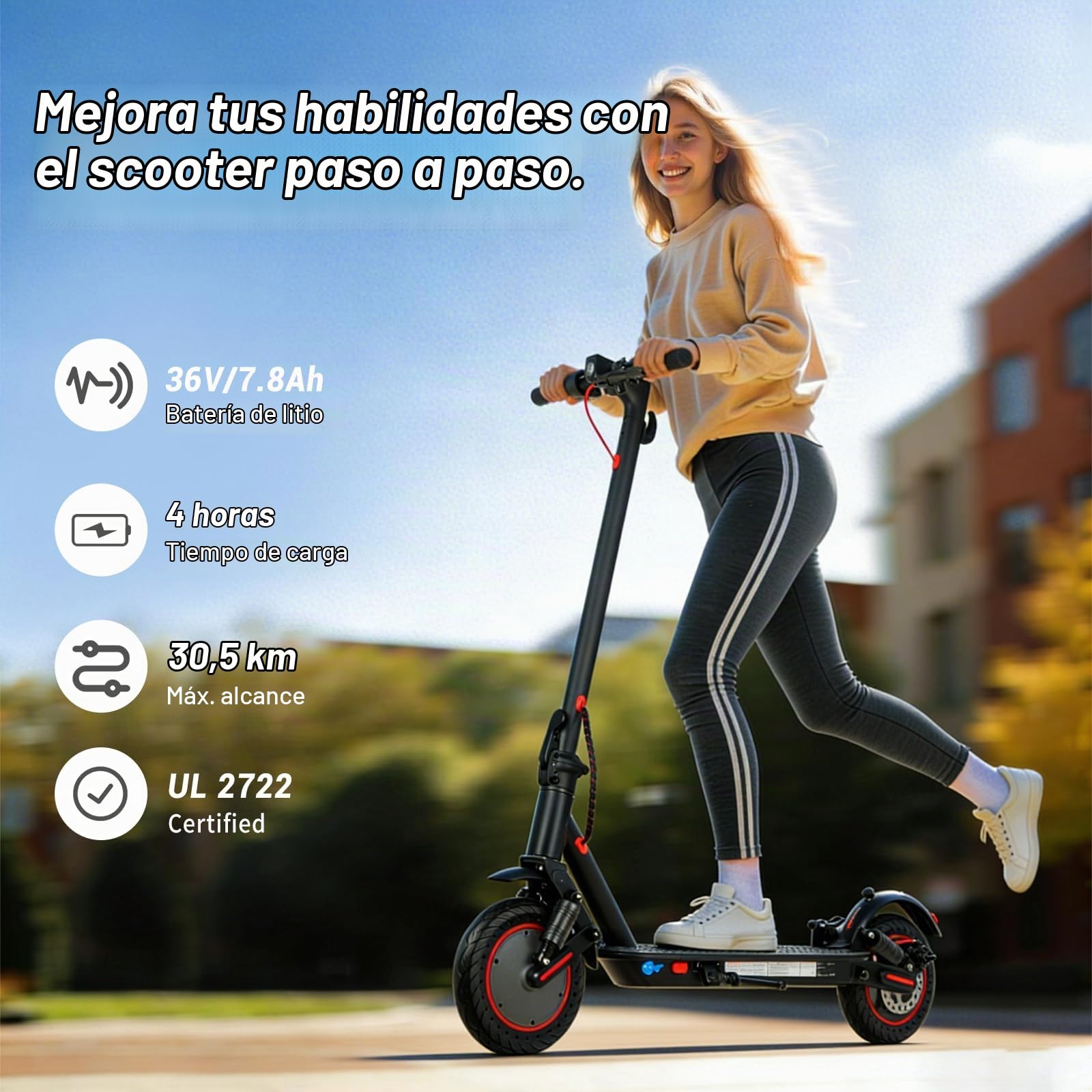 Patinete Eléctrico Adultos 350W, Velocidad Máx 25 km/h, Autonomía 25-30 km, Ruedas Antipinchazos de 10", Doble Suspensión, Freno Electrónico + Freno de Disco, Plegable, Carga Máx 120 kg, IPX5