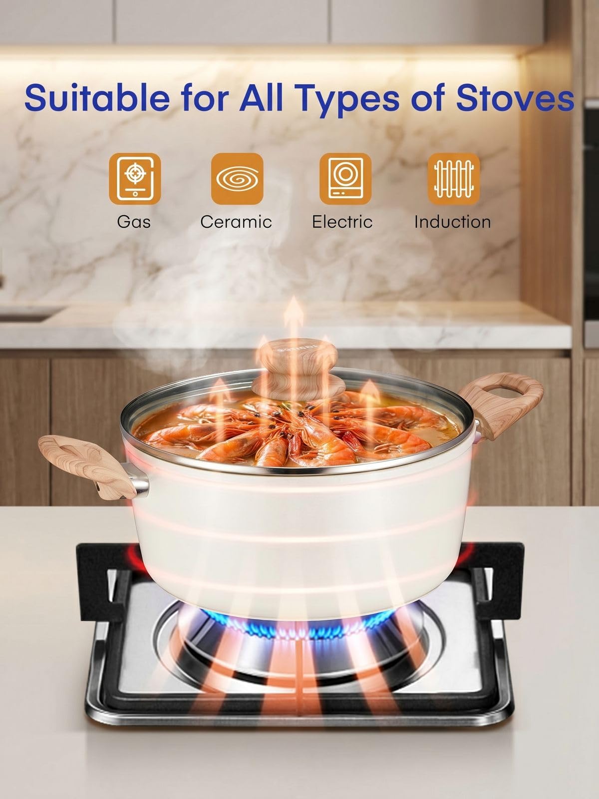 Batterie de cuisine FOHERE, revêtement antiadhésif en céramique, sans PFOA | Compatible induction, casseroles 16/18 cm, poêles 20/28 cm, moule à pizza 30 cm, cuiseur vapeur 24 cm, blanc, 15 pièces