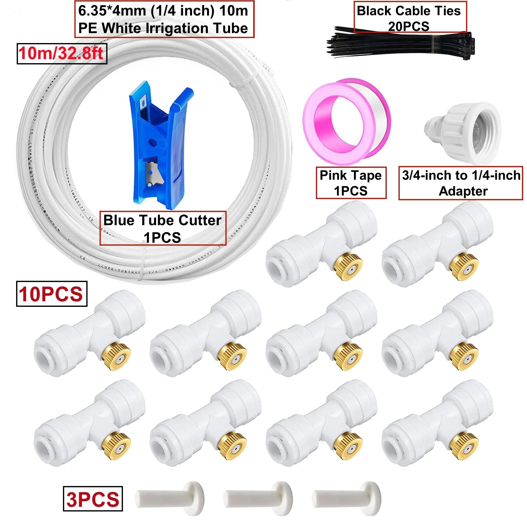 10m Kit d’Irrigation Système avec 10 Buses de Brume avec Joint en T,Système de Refroidissement parbrumisateur par Brouillard pour Jardin,Serre(Blanc