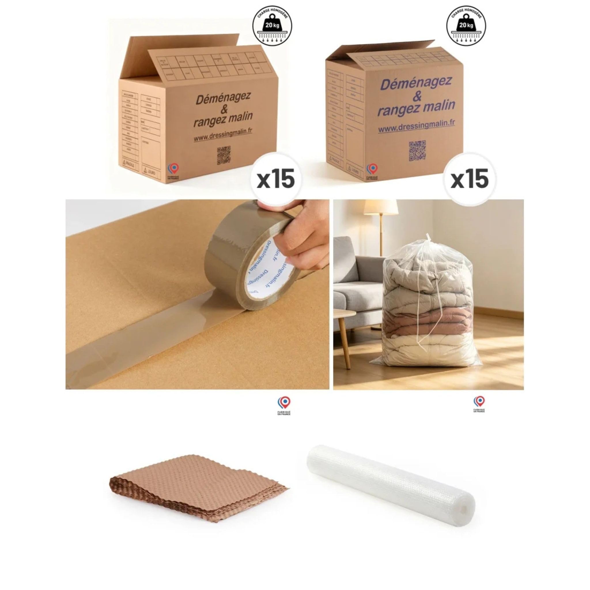 Kit déménagement T2 complet 43 pièces cartons standard 57L livres 28L papiers bulle biodégradables adhésif 68m film bulle