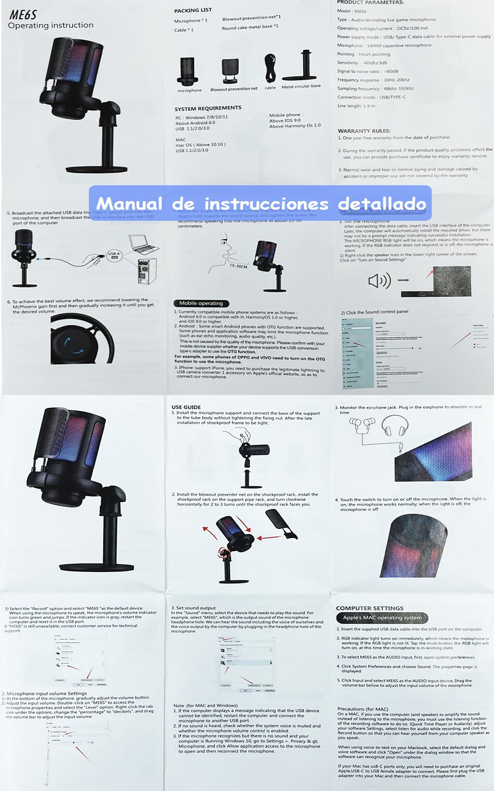 Microfono da gioco TAIMEI, microfono RGB per PC con cancellazione del rumore e silenzio, per streaming, giochi, podcast, YouTube, TikTok, computer, cellulare