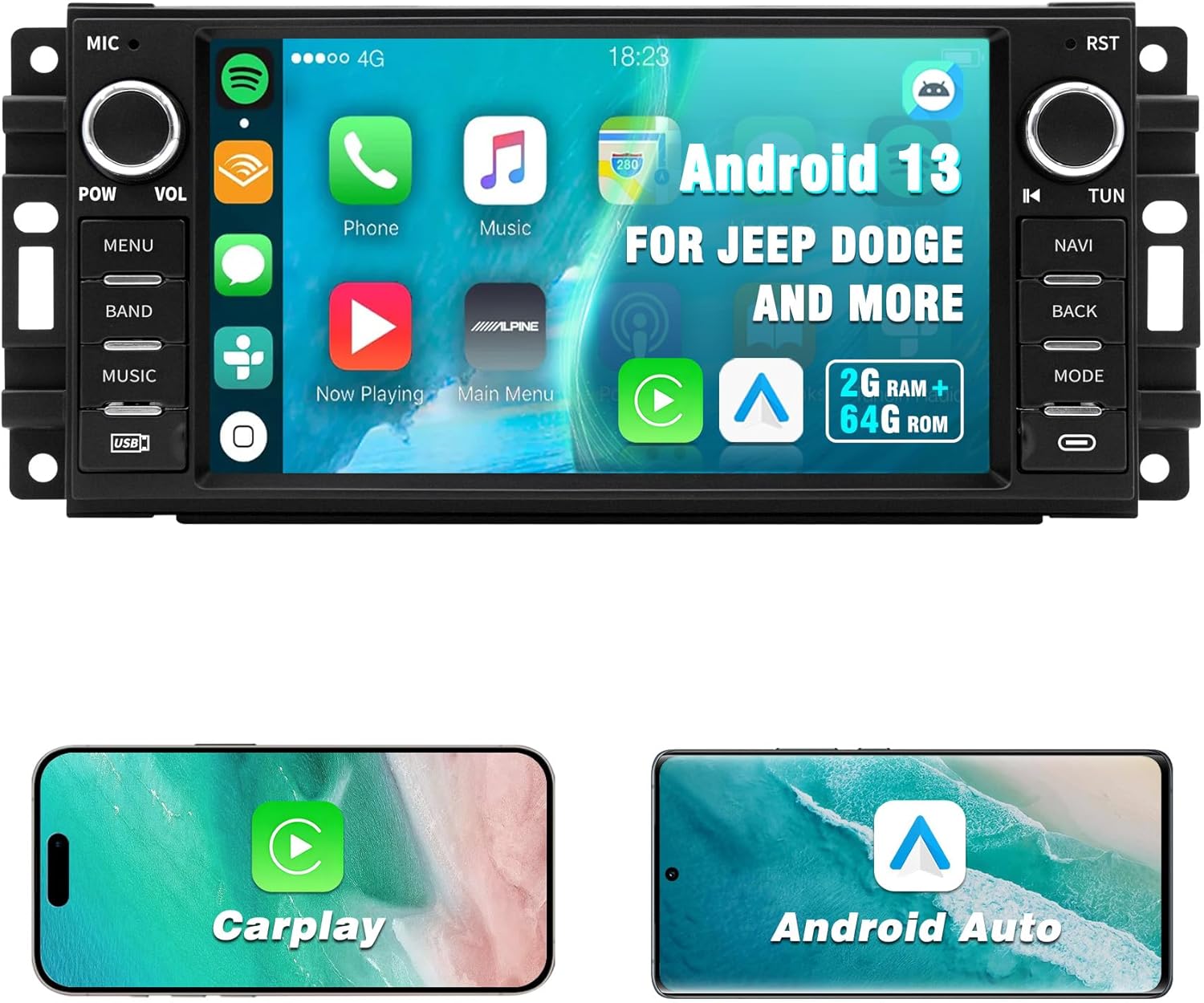 Android 13 Car Stereo for Jeep Wrangler, Chrysler, Dodge RAM 1500 - 7" Touch Screen with Wireless CarPlay, Android Auto, Bluetooth 5.0, GPS Navigation, WiFi, RDS AM/FM Radio, SWC & Mirror Link
