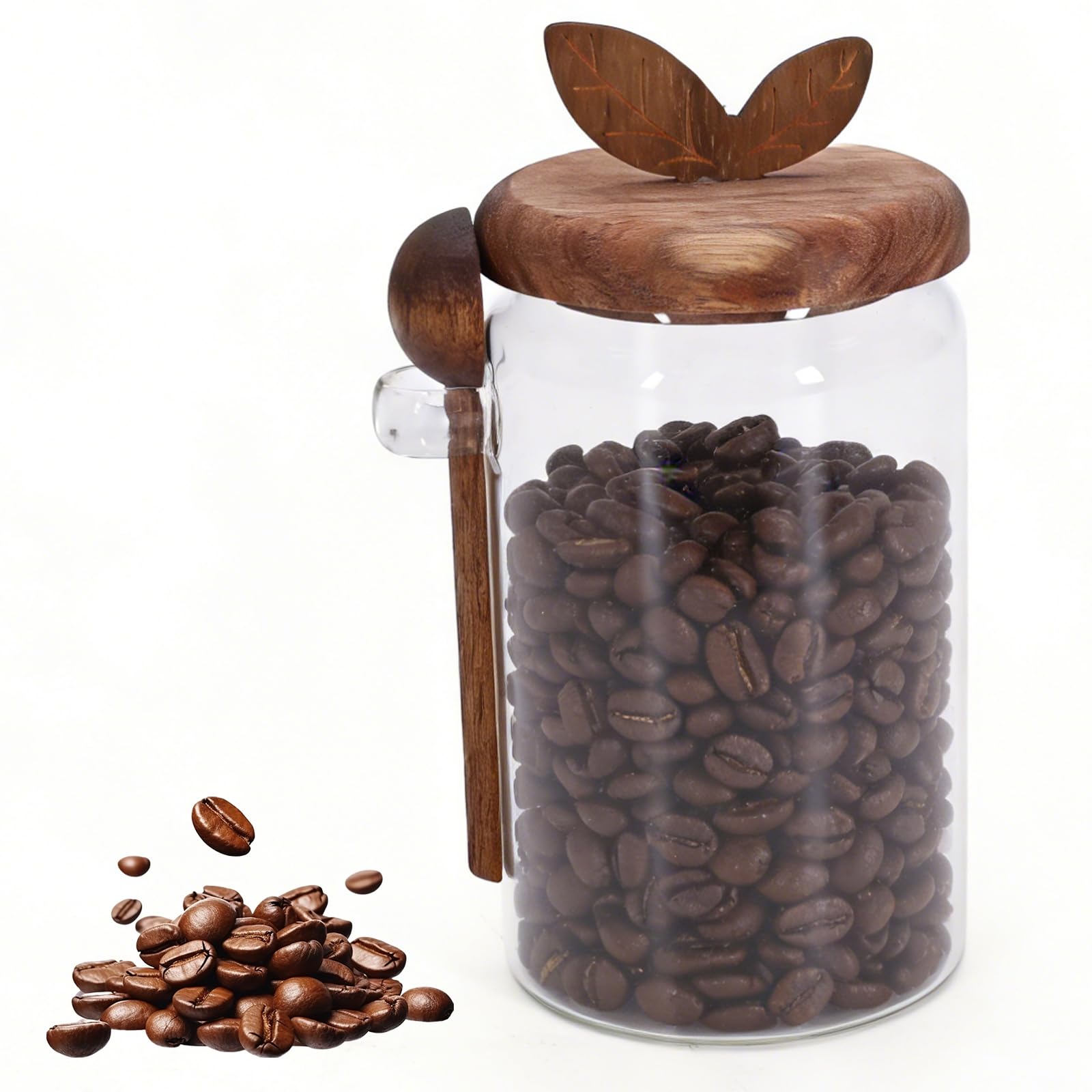 Punorric Airtight Coffee Canister - 900ml Airtight Coffee Bean Storage, Glass Kitchen Canisters with Wooden Lid & Spoon, Storage Jar for Tea,Cafe,Spices, Tea Caddy & Coffee Bar Accessories - Large