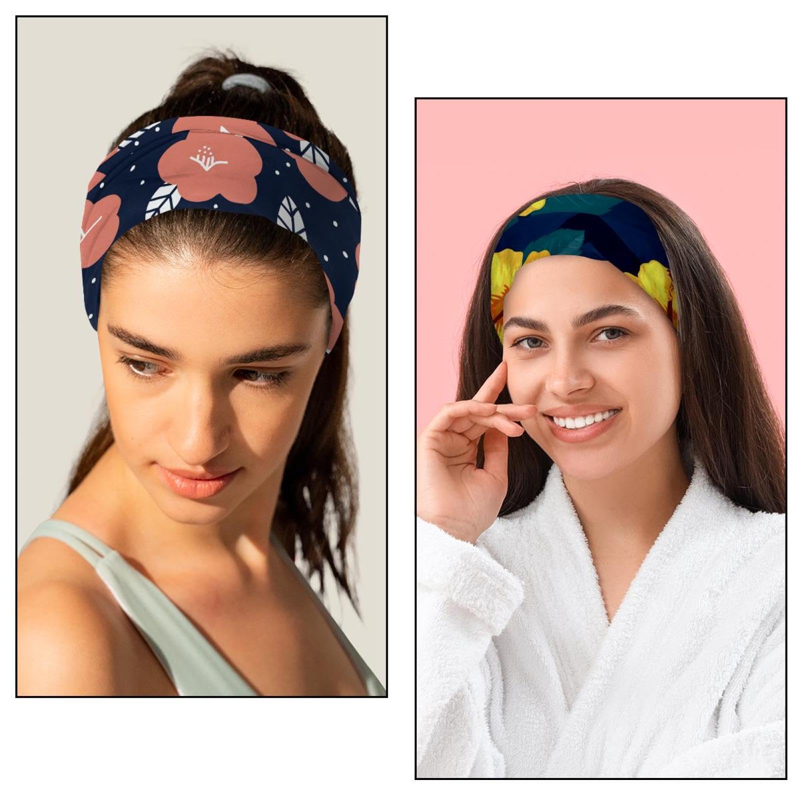 Lot de 6 bandeaux larges pour femme - Turban antidérapant - Motif floral blanc - Élastiques - Pour yoga, sueur, sport, entraînement