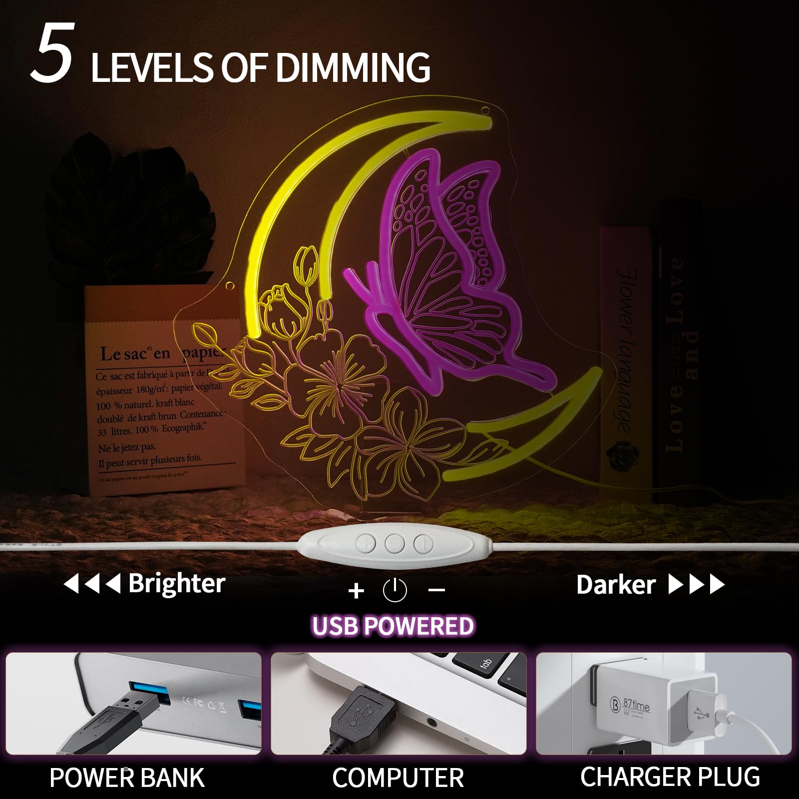Letrero de neón con diseño de mariposa y luna, regulable, para decoración de pared, letreros LED de luna para dormitorio, sala de estar, habitación de niñas, bar, fiesta de cumpleaños
