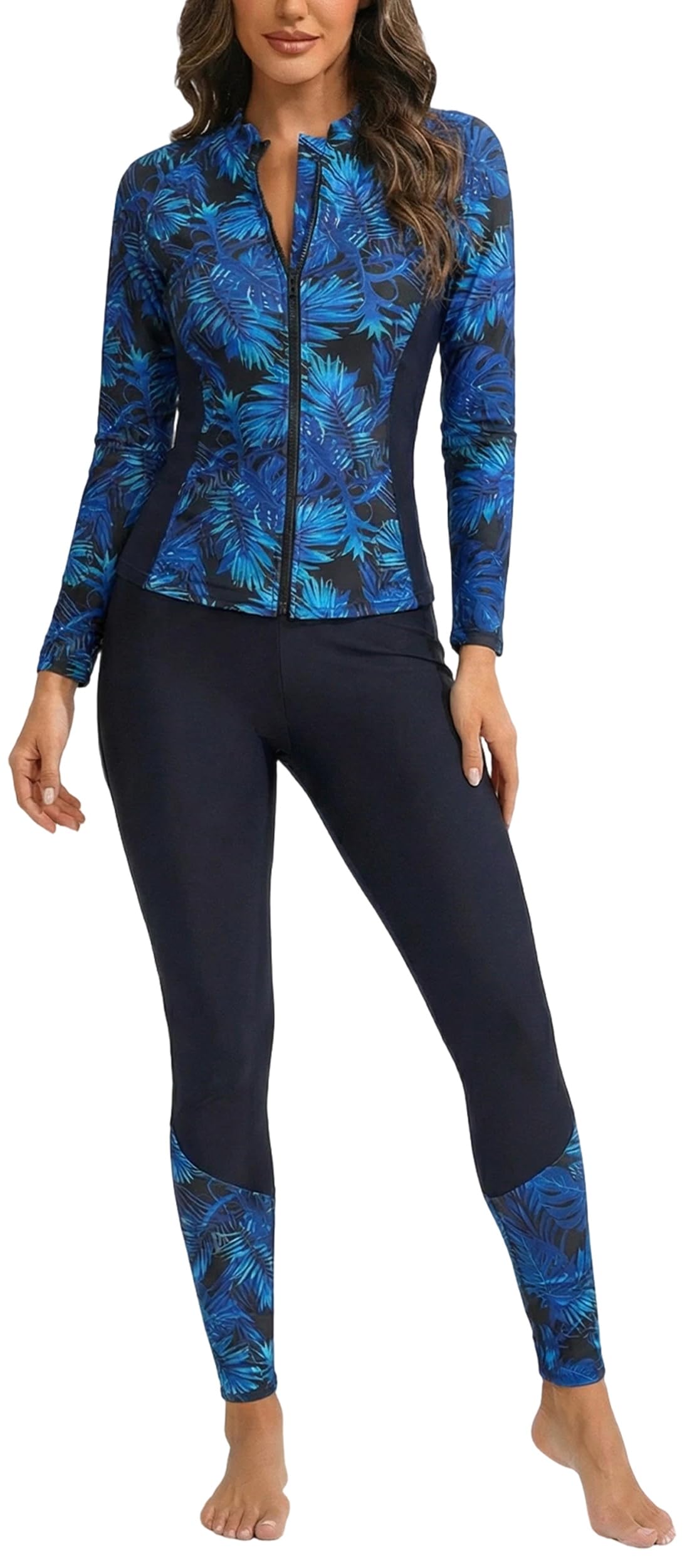 Ausing Womenโs Rash Guard Set Full Body Long Sleeve Bathing Suit 2 Piece Rash Guard Pool Beach Swimsuit M Blue